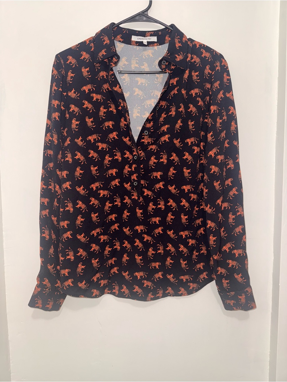 Emerson Fry Black Button-Down Shirt with Orange Tiger Print